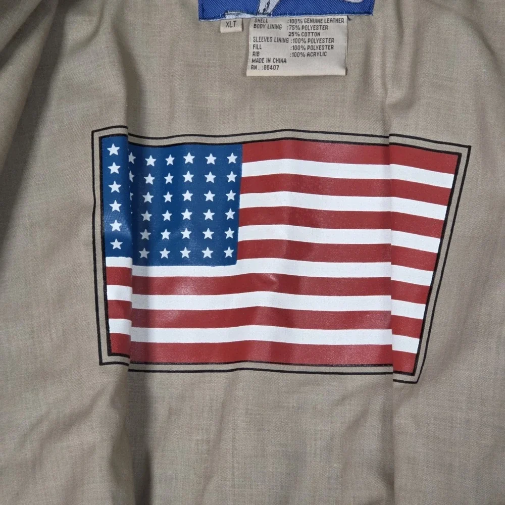 Vintage Airborne Brown Leather Bomber Flight Jacket Mens XLT American Flag Lined